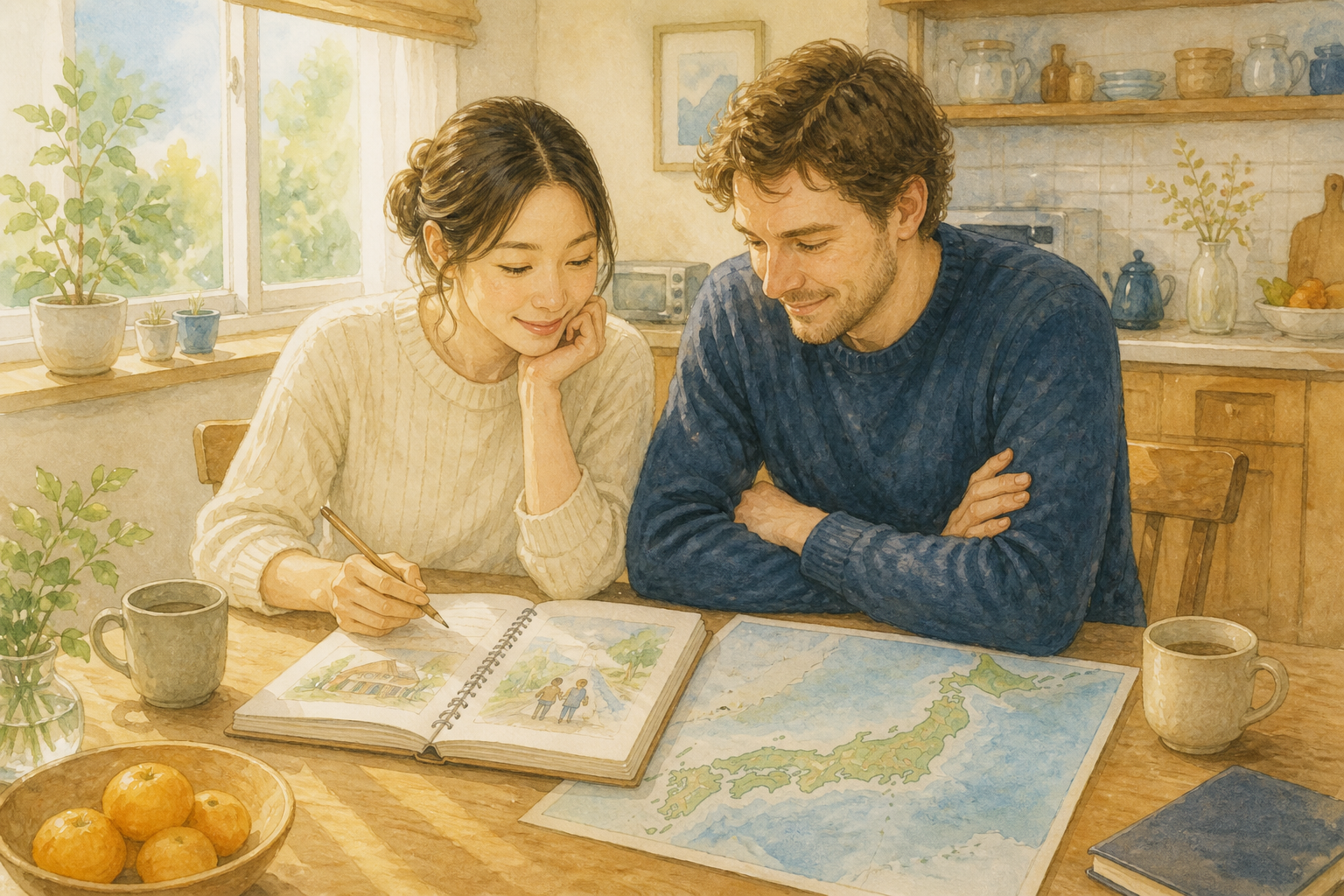 日本での暮らしについて話す二人のイラスト